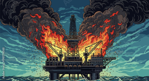 Oil Rig Fire Explosion Disaster at Sea, Industrial Catastrophe, Burning Platform
