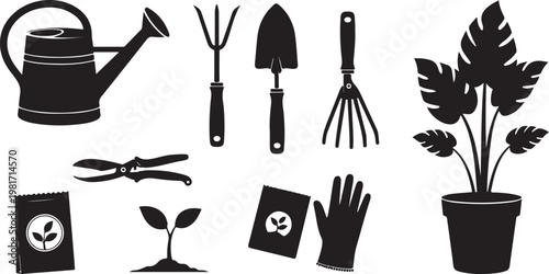 gardening plants tools silhouette set black