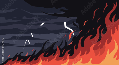 Stormy sky with lightning meets roaring fire, contrasting elements, natural disaster concept
