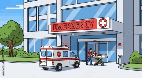 Ambulance Arrives at Hospital Emergency Entrance with Patient on Stretcher