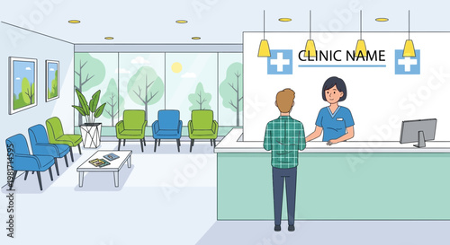 Doctor's office waiting room with receptionist and patient at counter, healthcare illustration.