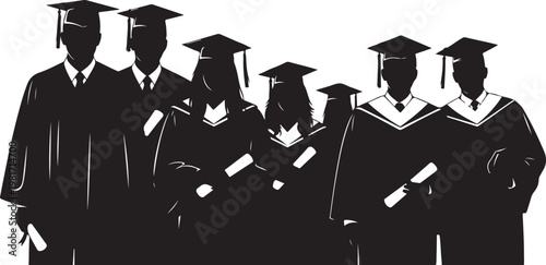 Graduation Ceremony Silhouette, Academic Event Black Vector Isolated on White Background