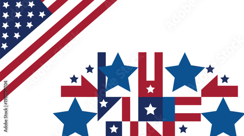 American flag motifs arranged in a geometric composition feature stars and stripes on a clean white background.