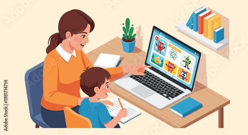 Mother and son learning online with laptop, educational app on screen, home study concept