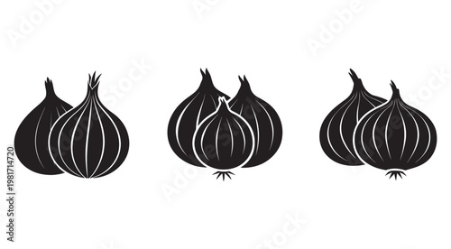 Blackandwhite illustration of three sets of onions with varying numbers of bulbs and lines on the skin  isolated on white background