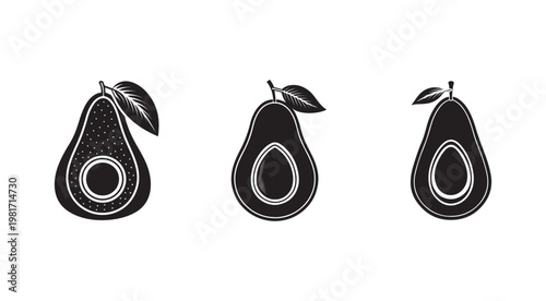 Blackandwhite illustrations of avocados with leaves and pits in various styles