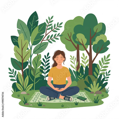 A woman sits cross-legged on a mat in a serene outdoor setting surrounded by lush greenery and trees with a peaceful expression.