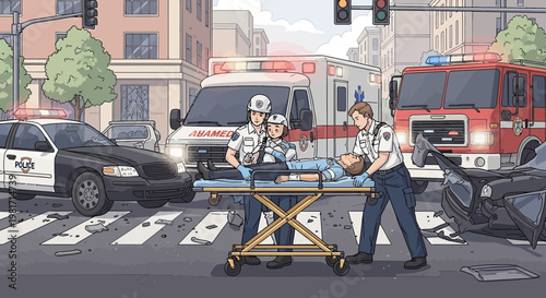 Emergency Responders Assist Injured Person After Traffic Accident on City Street