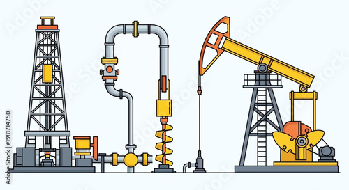 Oil Drilling Rig and Pumpjack with Pipelines - Energy Industry Illustration