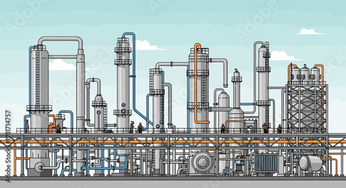 Industrial Chemical Plant Complex with Towers, Pipes, and Workers