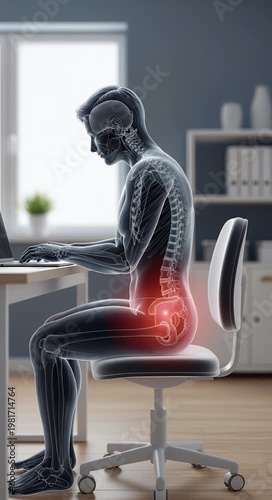 Human body anatomy demonstrating poor posture at desk