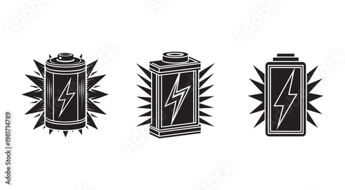 Blackandwhite illustrations of battery icons with lightning bolts on them surrounded by starburst shapes  battery symbols with electric charge