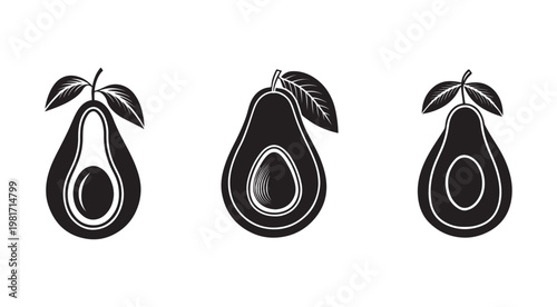 Blackandwhite illustrations of avocados with leaves in different views  whole and cut