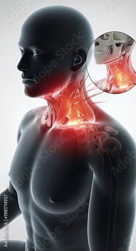 Human body depiction highlighting pain in neck and shoulders