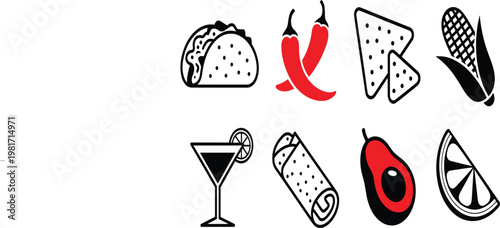 Mexican food and drink icons set with tacos, chili, nachos and avocado, vector illustration collection
