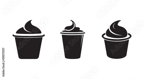 Blackandwhite illustrations of three disposable cups with swirly whipped cream on top for dessert or snack  simple design elements