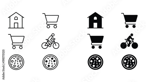 Contrasting icons depicting shopping, delivery, and pizza variations