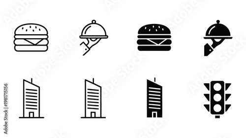 Collection of icons representing food, dining, urban buildings, and traffic signals