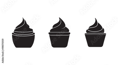 Blackandwhite illustrations of three frosted cupcakes with different swirls on top isolated on white background