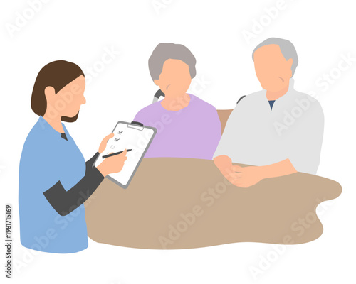 介護相談でチェックリストを確認する高齢夫婦とスタッフのシーン