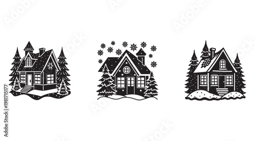 Blackandwhite illustrations of three houses with trees and snow  winter scene  house with snowflakes
