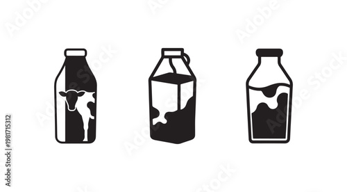 Blackandwhite milk bottles with cow designs on white background  dairy product icons