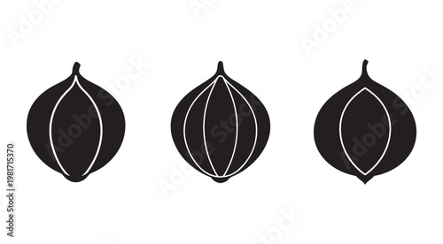 Blackandwhite onion silhouettes with white lines isolated on white background for food illustration  three onions