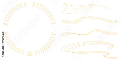 ゴールドのシンプルな飾り枠線・ラインのイラストセット（波線、波模様、五線譜）