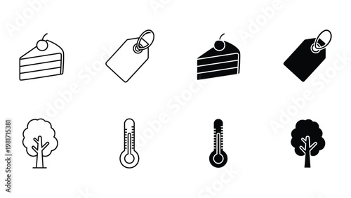 Contrasting visual icons of desserts, price tags, trees, and thermometers in black and white