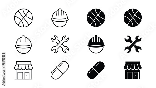 Assorted icons representing various professions and objects in simple graphics style