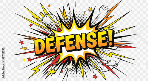 Defense! Comic Book Style Explosion Burst with Lightning Bolts and Stars