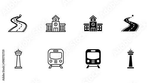 Collection of icons representing transportation and landmarks