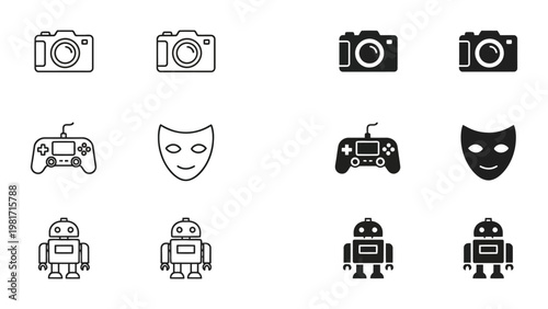 Contrasting icons of cameras, video game controllers, ghosts, and robots in pairs