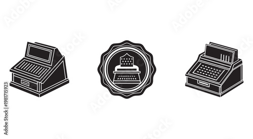 Cash register icons in black and white for business and shopping concepts  various payment terminal designs
