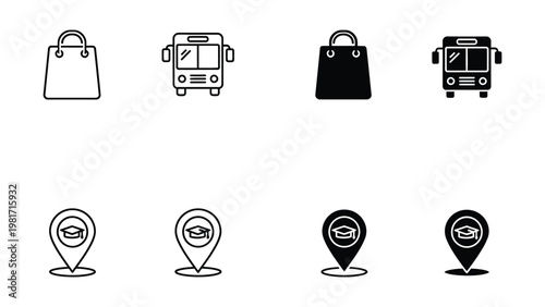 Icons representing shopping, transportation, and educational locations