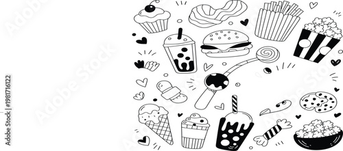 Cute fast food and snacks doodle set, burger, popcorn and sweets, hand drawn vector illustration