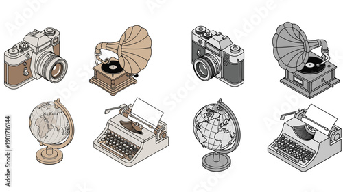 Vintage Icon Set Featuring Cameras, Gramophones, Typewriters, and Globes in Minimalist Line Art Style