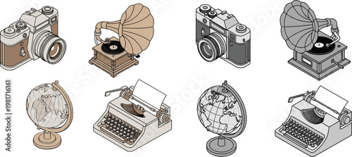 Vintage Icon Set Featuring Cameras, Gramophones, Typewriters, and Globes in Minimalist Line Art Style