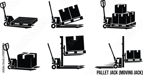 Set of Pallet Jack Icons, Featuring Different Angles and Positions, in Minimalist Line Art Style for Warehouse and Logistics Concepts