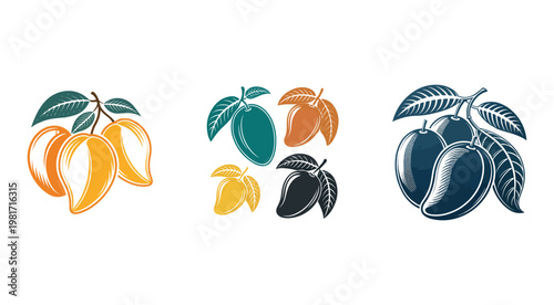 Colorful illustrations of mangoes and leaves in different colors and styles for graphic design  various artistic representations of tropical fruit and foliage