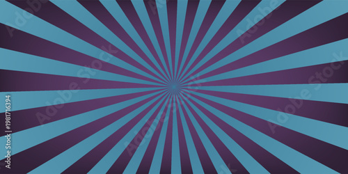 This vector artwork presents a classic retro sunburst graphic composed of evenly spaced radial rays extending outward from a central focal point. The combination of cool teal tones with deep purple 