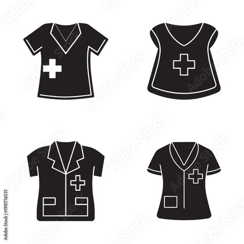 Four black medical scrubs with white outlines and cross on white background