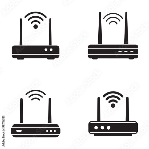 Four black wireless routers with WiFi signals on transparent background for network internet technology concepts  various router designs and antenna configurations