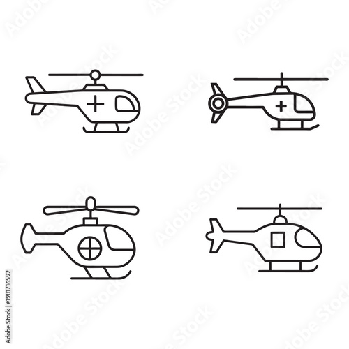 Four different helicopter line icons with various designs and rotor configurations  side views of medical and general use helicopters in simple black line art style