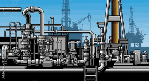 Industrial Oil Rig Machinery Complex with Offshore Platforms and Blue Sky