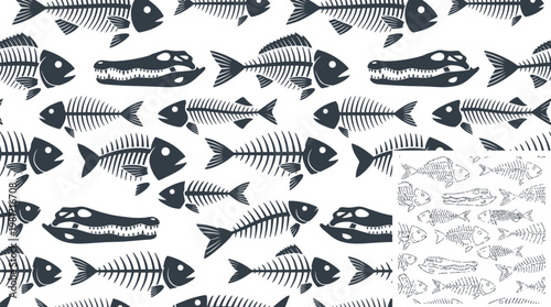 Fish skeleton pattern displays a repetitive graphic design of aquatic remains arranged in a seamless layout for creative projects.