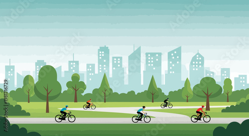 People cycling in a green city park with skyscrapers in the background, urban nature scene.