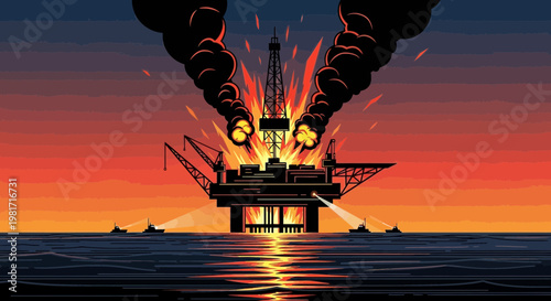 Offshore oil rig explosion at sunset, dramatic fire and smoke, disaster at sea