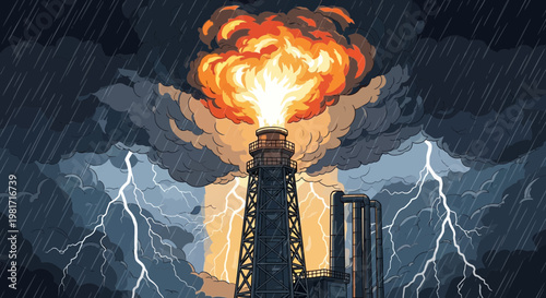 Oil Rig Explosion Under Stormy Skies with Lightning and Rain