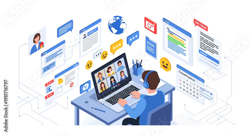 Tableau sur toile Online learning and remote work concept with person using laptop and video confe